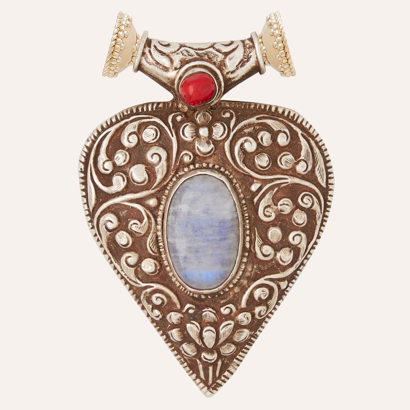 Tibetan Treasure Teardrop Pendant with Moonstone Centerpiece