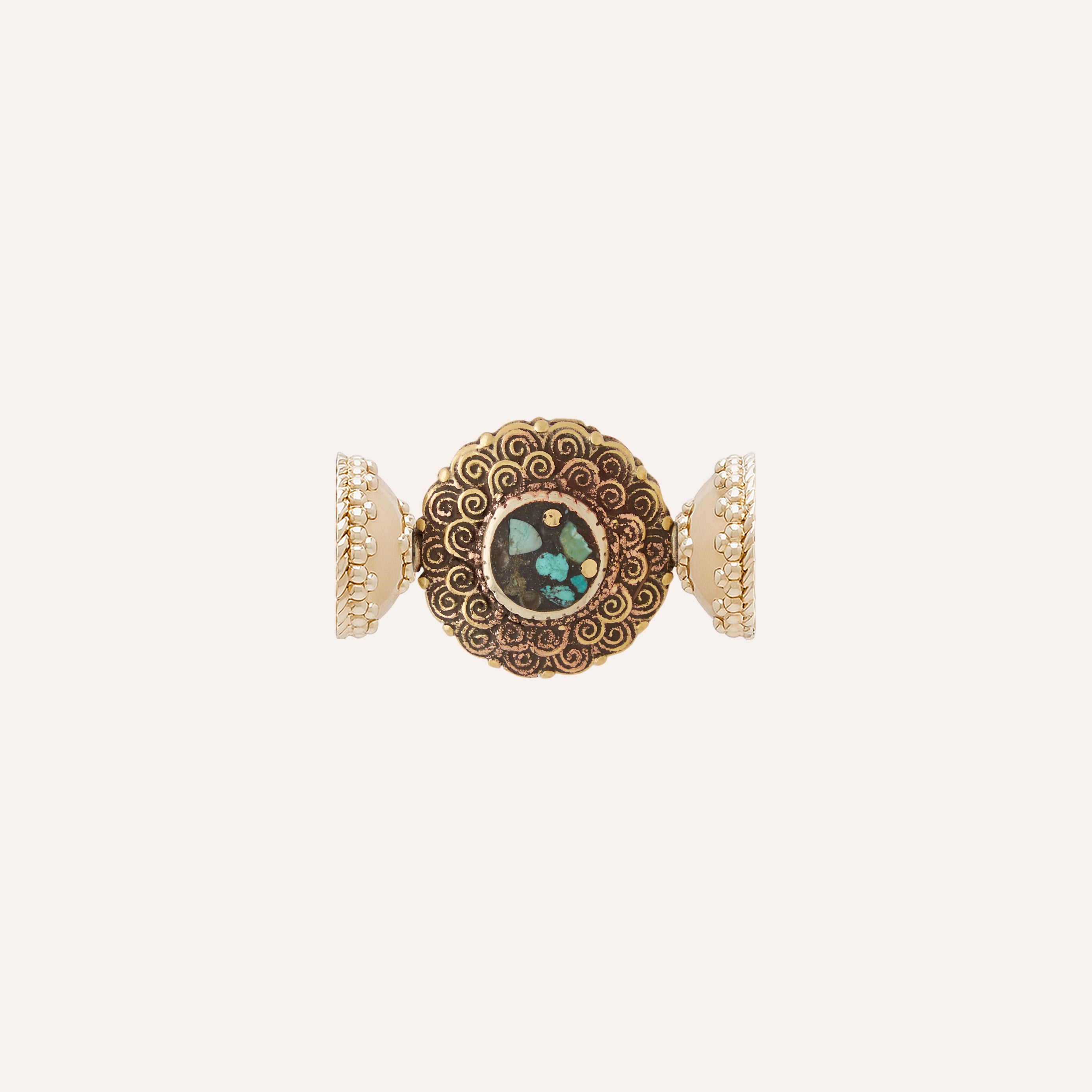 Tibetan Treasure Coral & Turquoise Round Brass Centerpiece