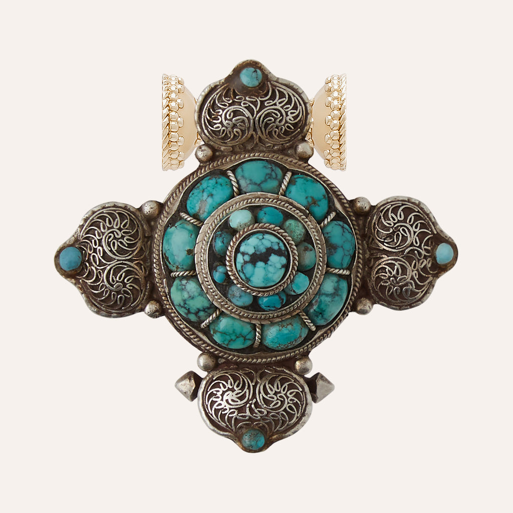 Tibetan Treasure Blue Turquoise and Sterling Silver Filigree Cross Centerpiece