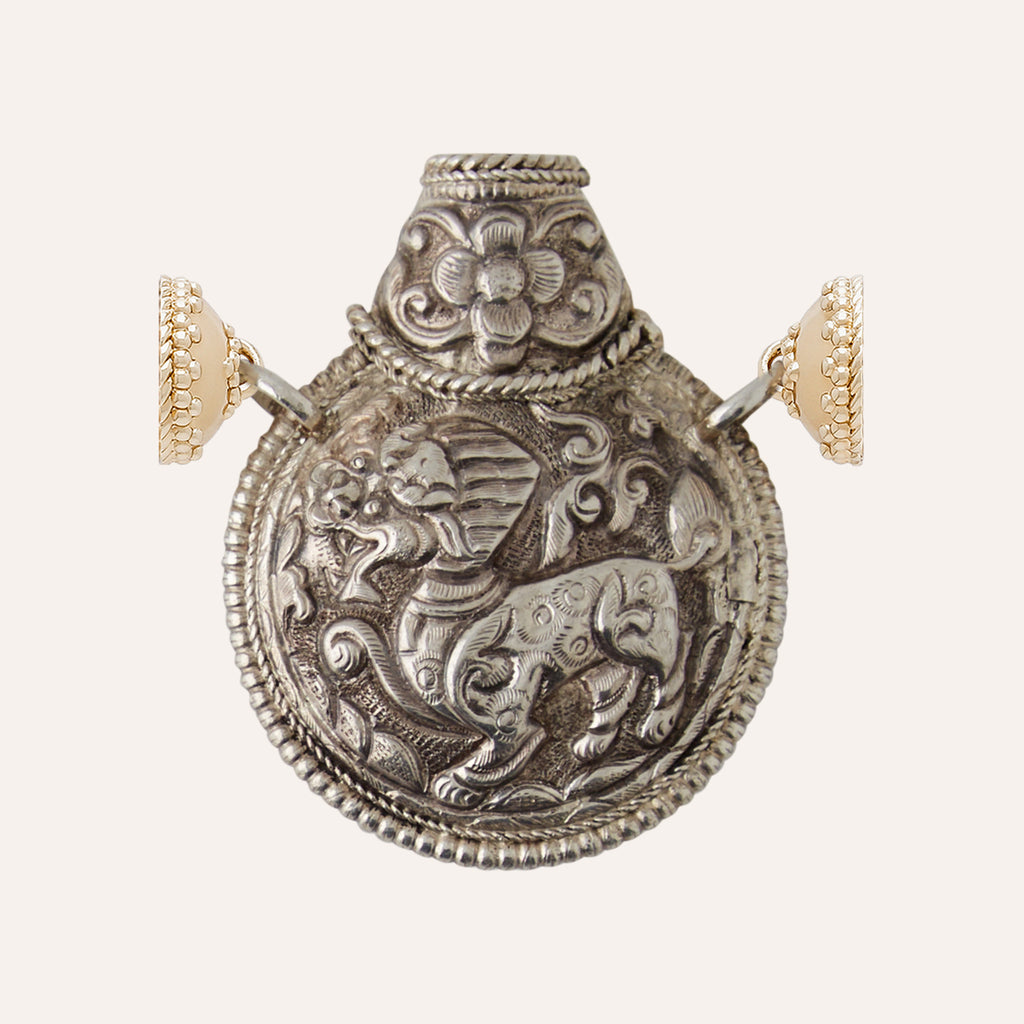 Tibetan Treasure Sterling Silver Carved Amulet Centerpiece