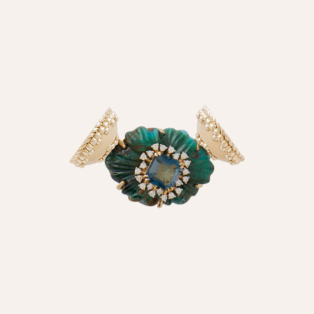 Medium Chrysocolla and London Blue Topaz Flower with Diamonds