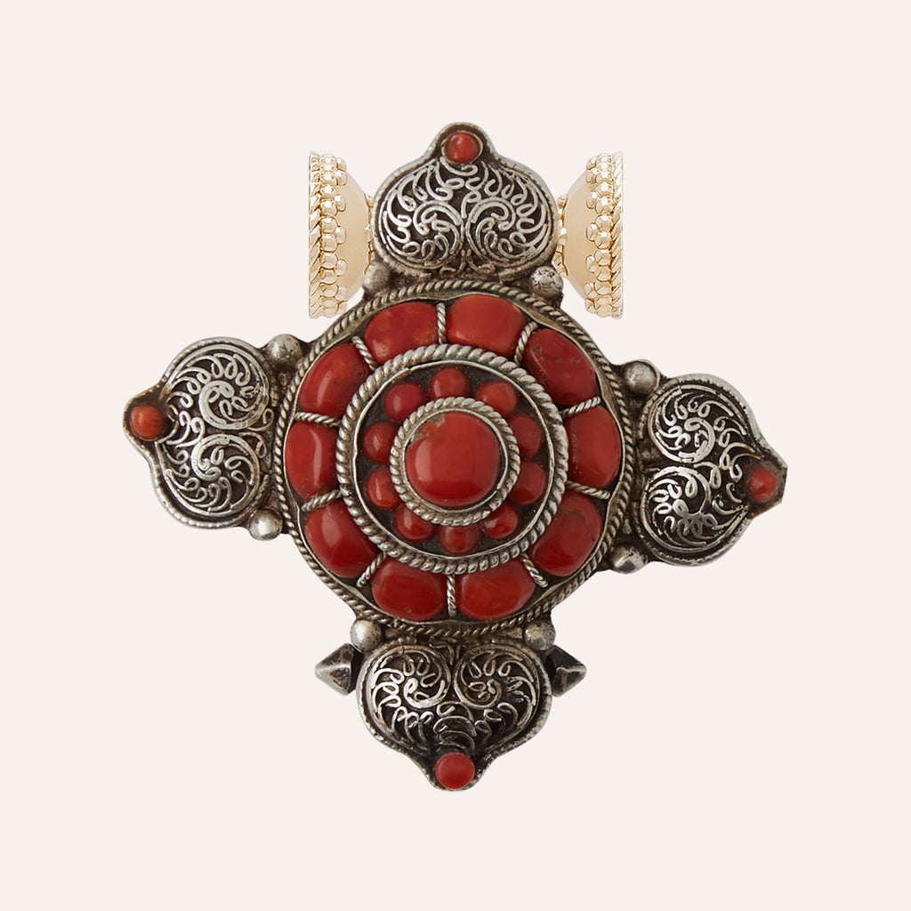 Tibetan Treasure Red Coral and Sterling Silver Filigree Cross Centerpiece