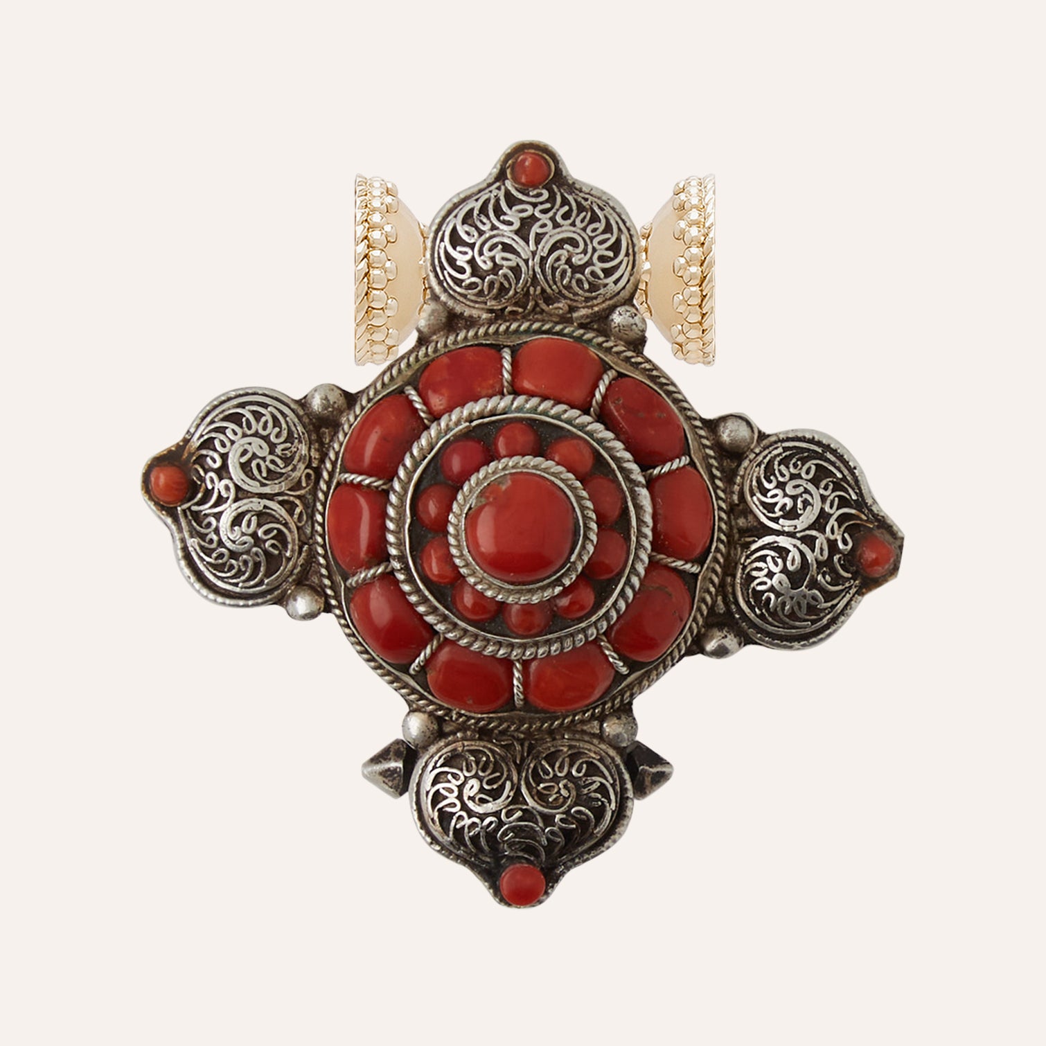 Tibetan Treasure Red Coral and Sterling Silver Filigree Cross Centerpiece
