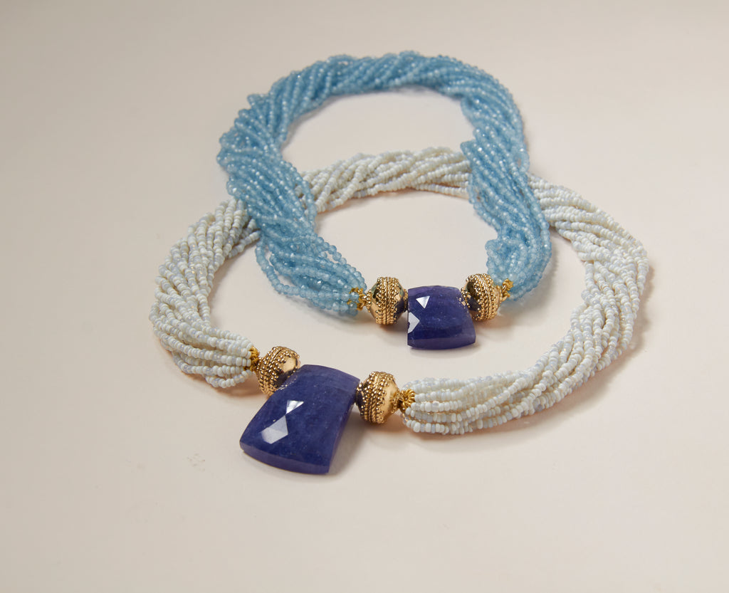 Mixed White and Iridescent African Glass Multi-Strand Necklace