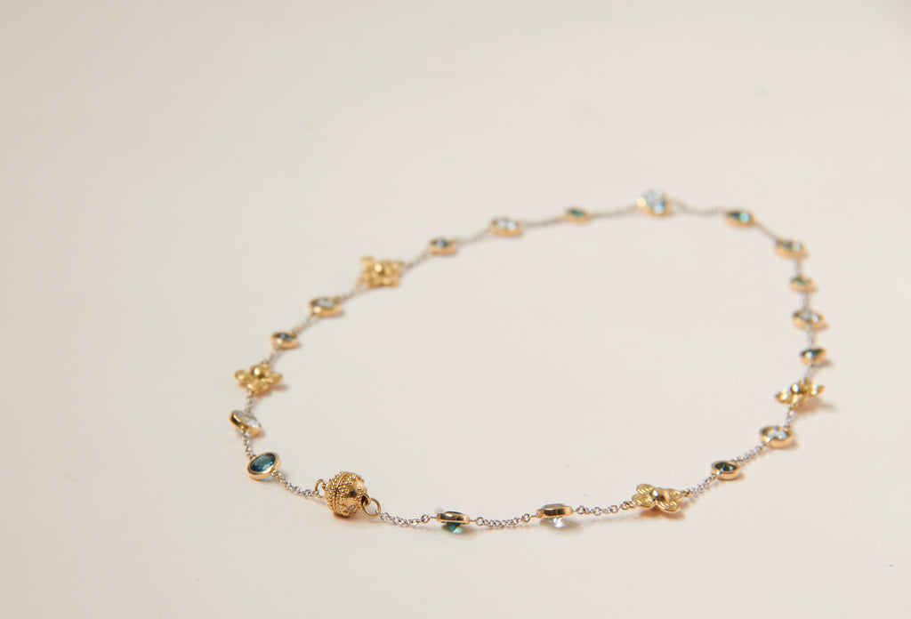 18K Micro Celestial Petal Toumaline and Blue Topaz Station Necklace