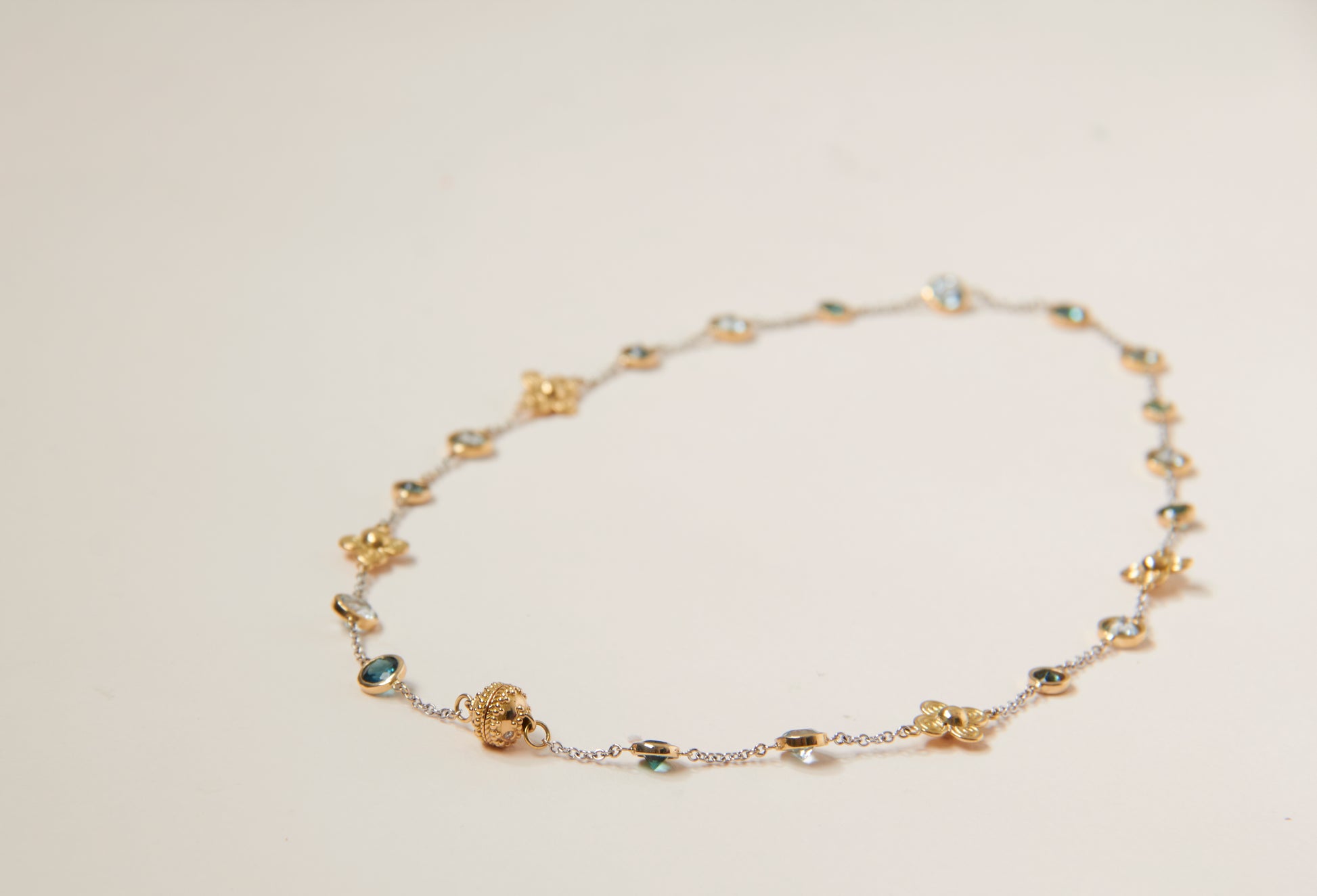 18K Micro Celestial Petal Toumaline and Blue Topaz Station Necklace