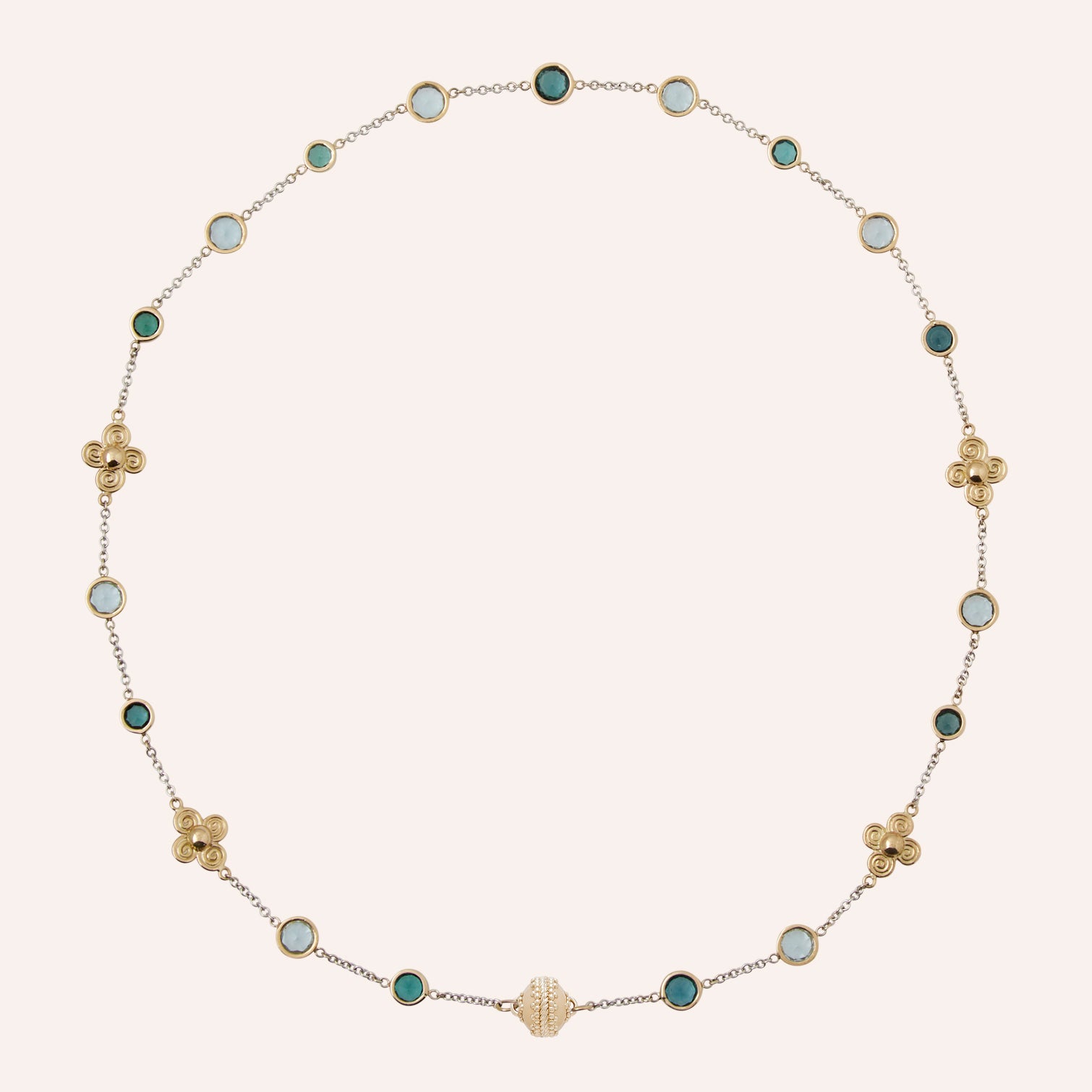 18K Micro Celestial Petal Toumaline and Blue Topaz Station Necklace