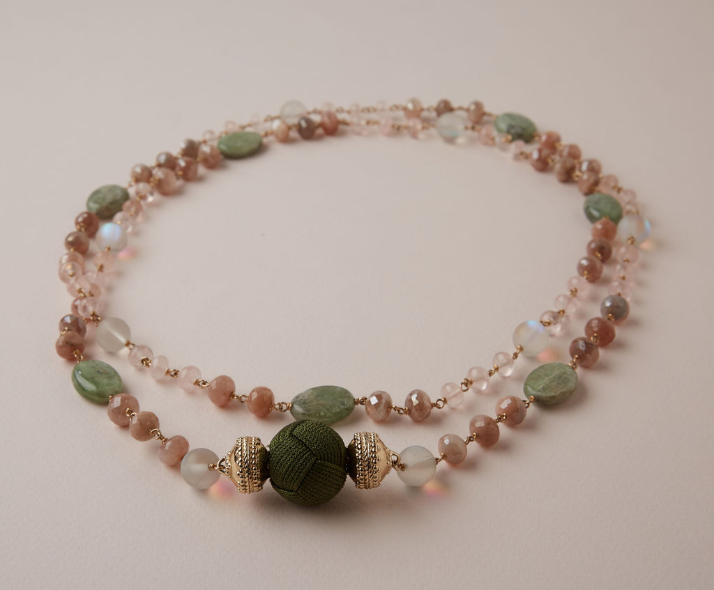 Caspian Moonstone, White Frosted Glass, & Rose Quartz Necklace