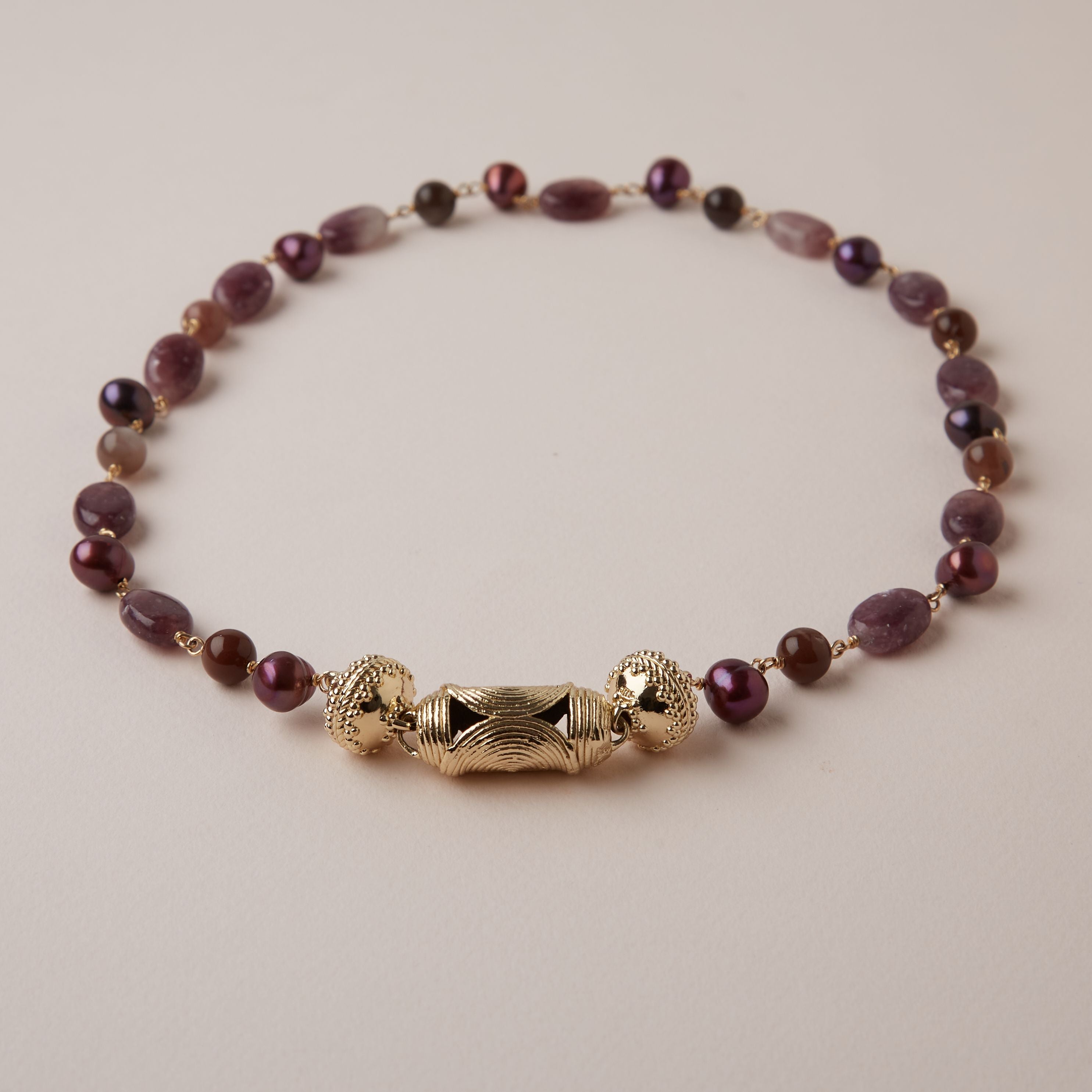 Caspian Brown Moonstone, Kyanite, & Freshwater Purple Pearl Necklace