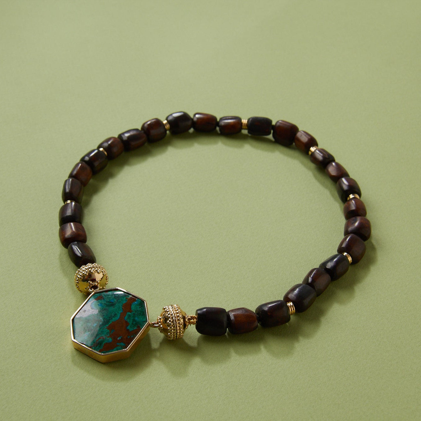 Dyed Brown Kenyan Bovine Bone Bead with Gold Ring Necklace