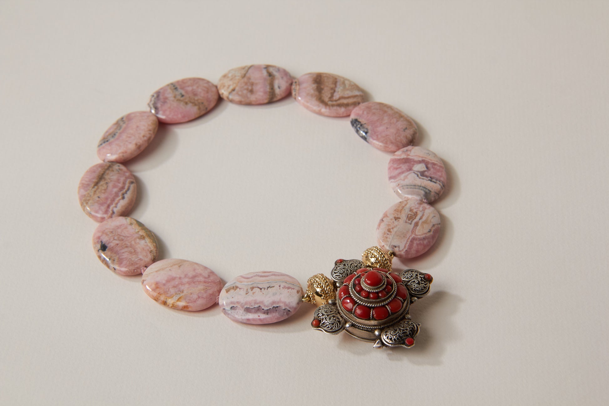 Red Rhodochrosite Flat Oval Necklace