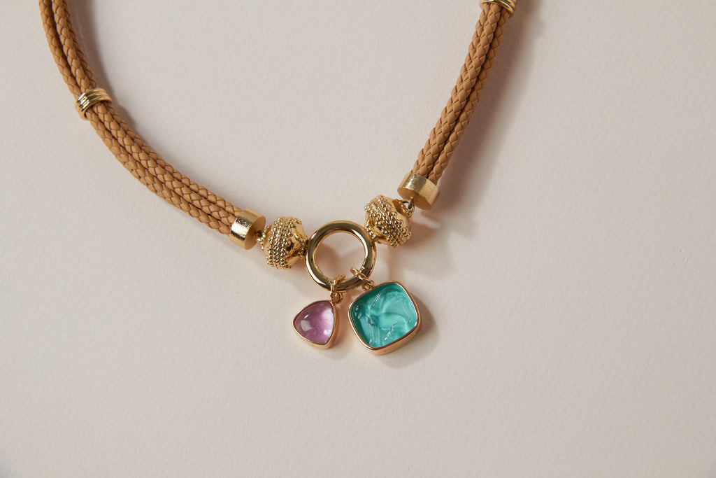 14K Pink Tourmaline Triangular Cabochon Charm