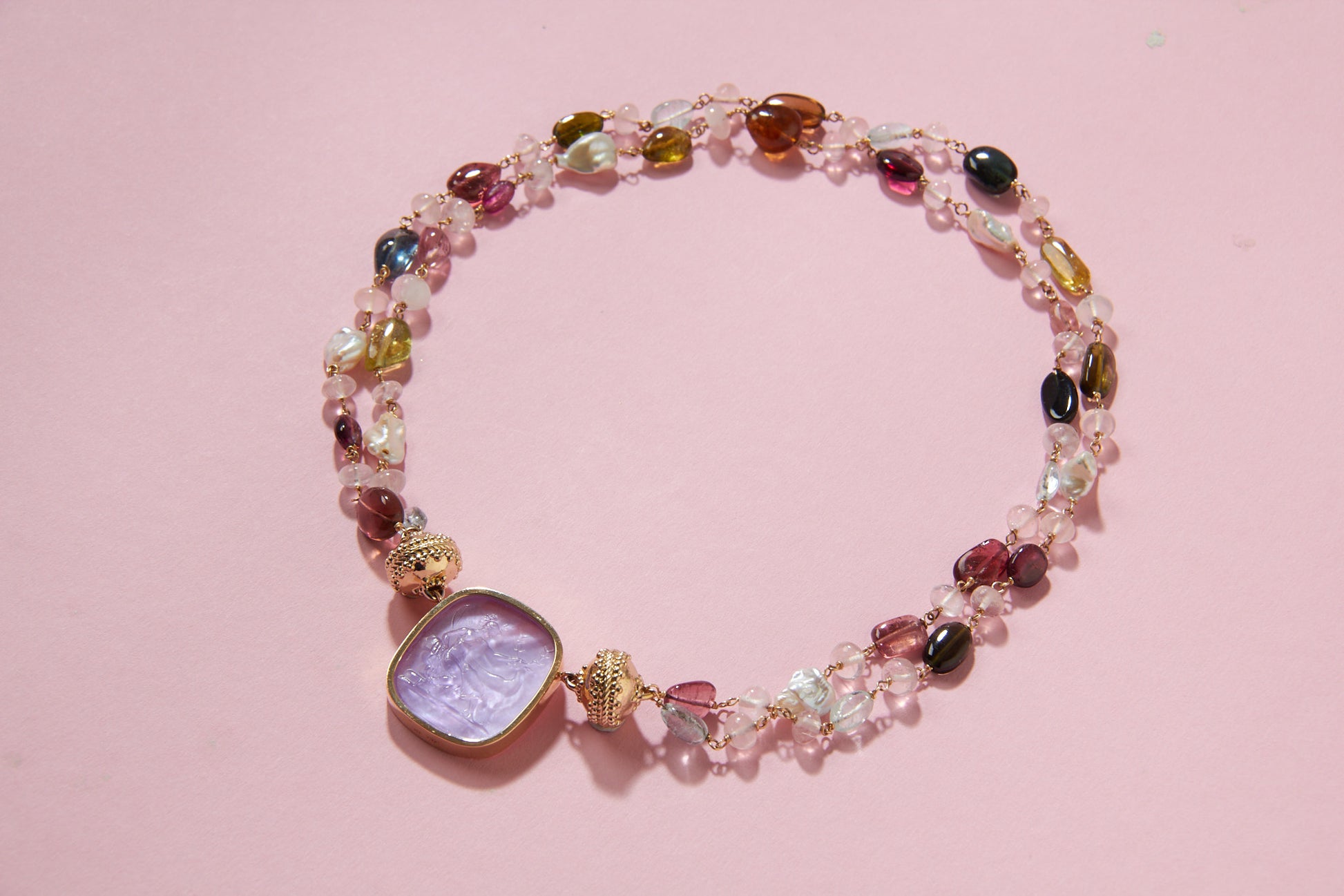 Caspian Double Strand Tourmaline, Pearl, Aquamarine & Rose Quartz Necklace