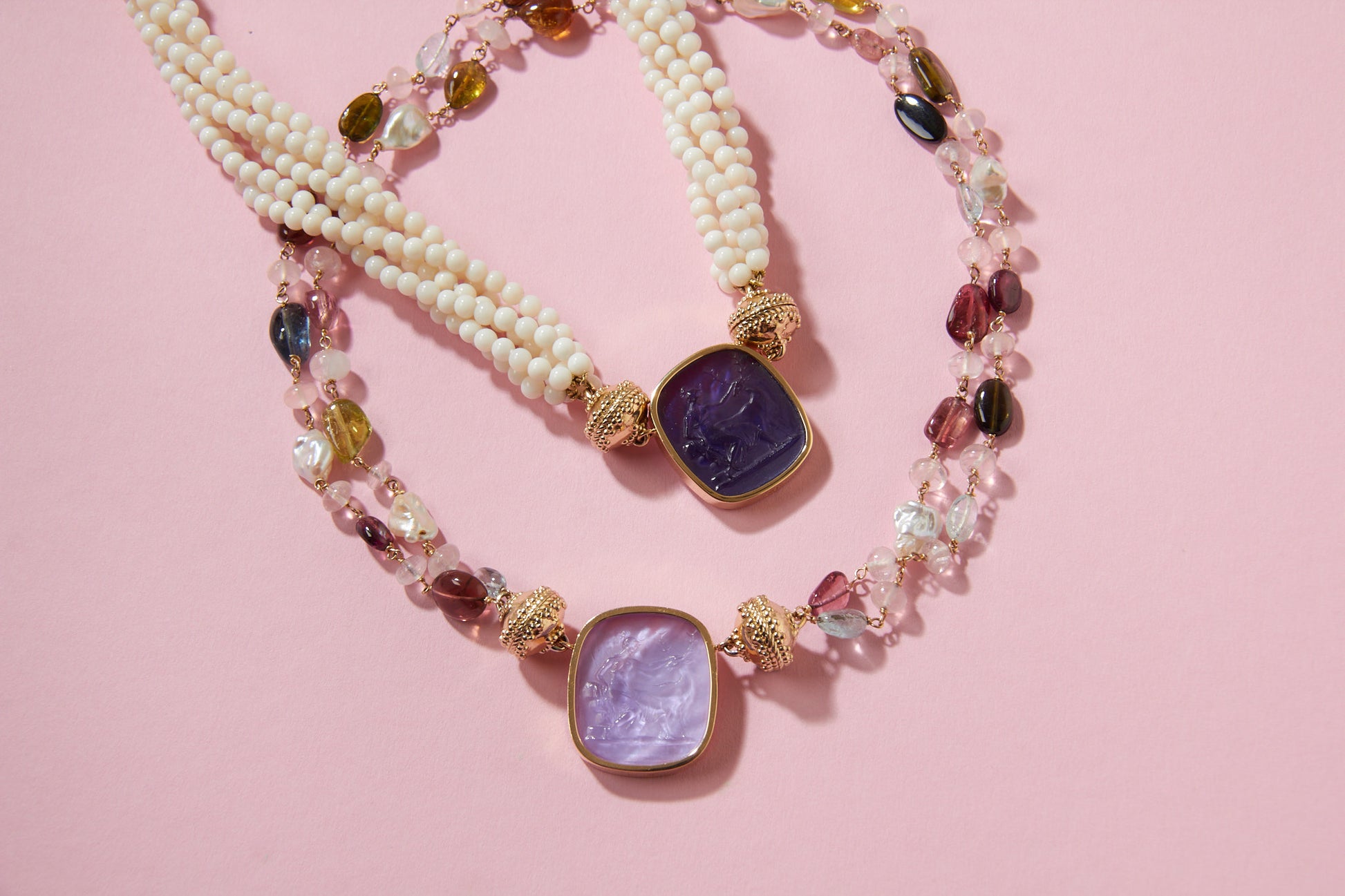 Caspian Double Strand Tourmaline, Pearl, Aquamarine & Rose Quartz Necklace