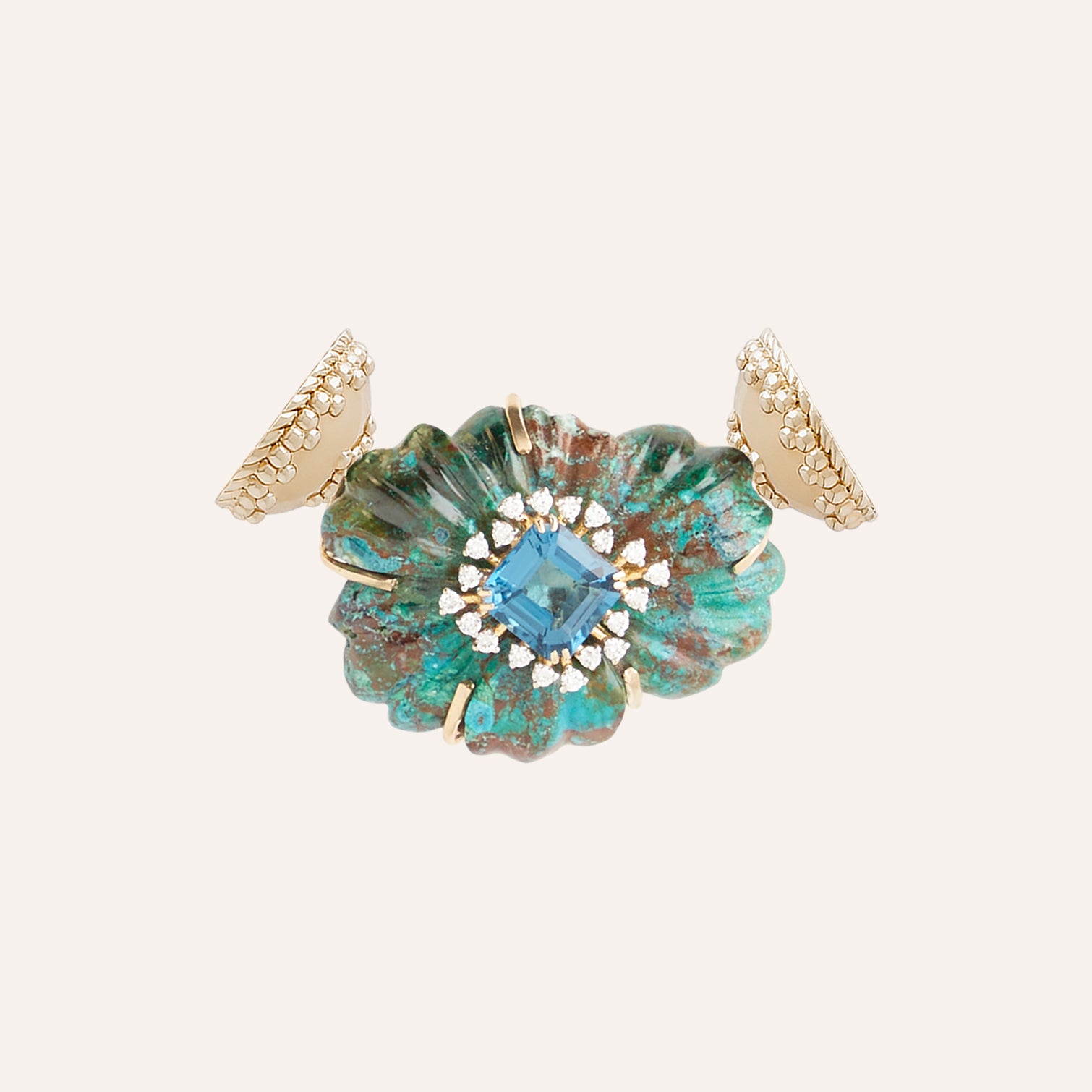 Large Chrysocolla and London Blue Topaz Flower Centerpiece