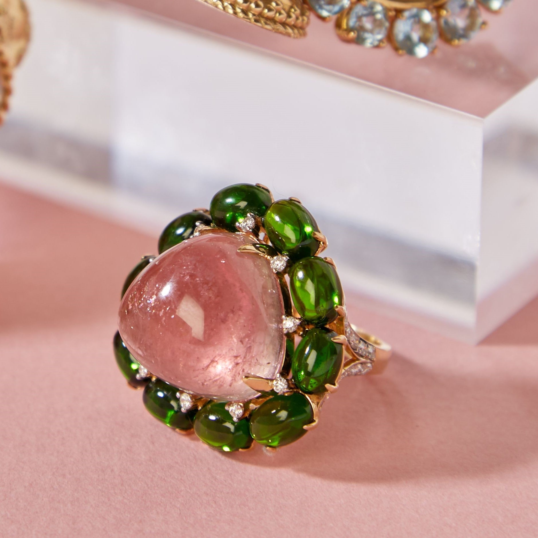 18K Pink Tourmaline, Garnet, and Diamond Ring