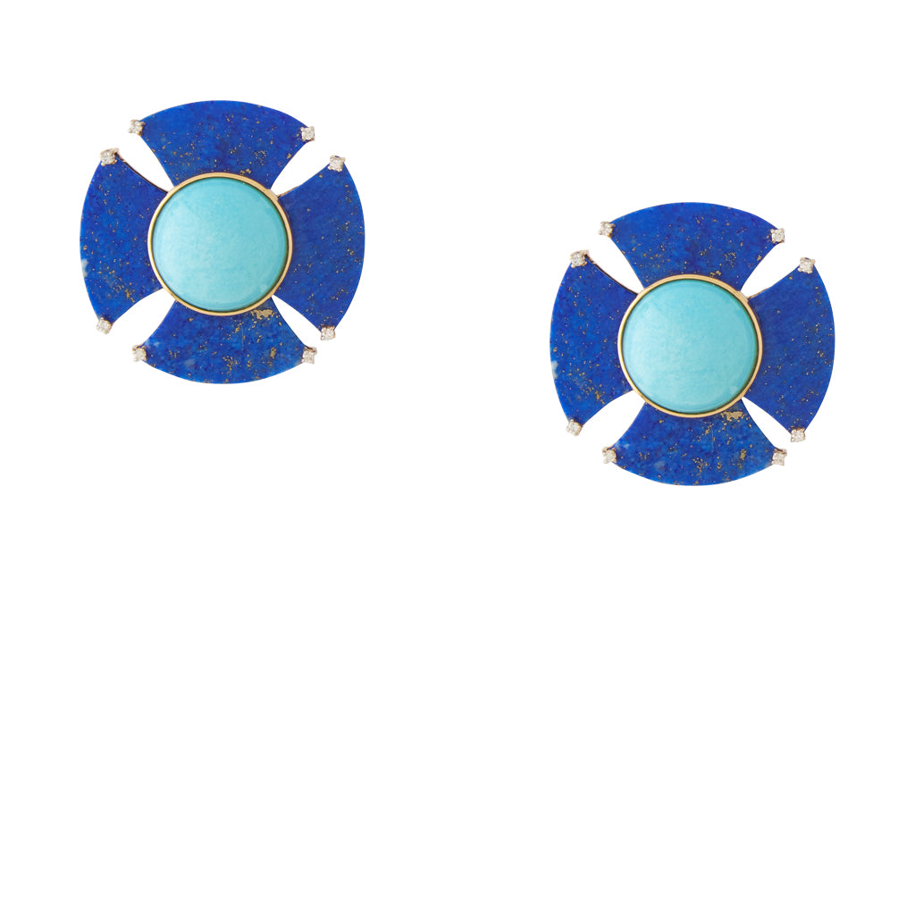 18K Yellow Gold Lapis, Turquoise, and Diamond Earrings