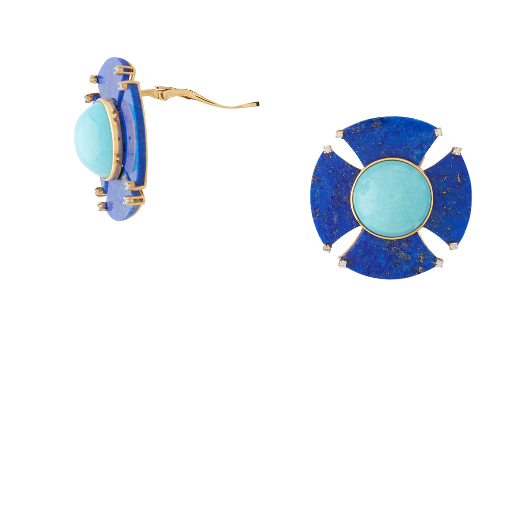 18K Yellow Gold Lapis, Turquoise, and Diamond Earrings