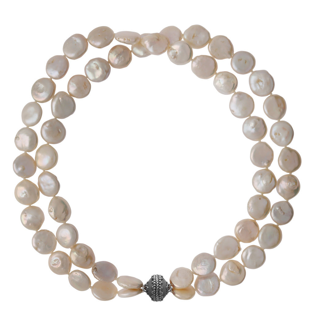 White Coin Pearl Double Strand Gunmetal Necklace