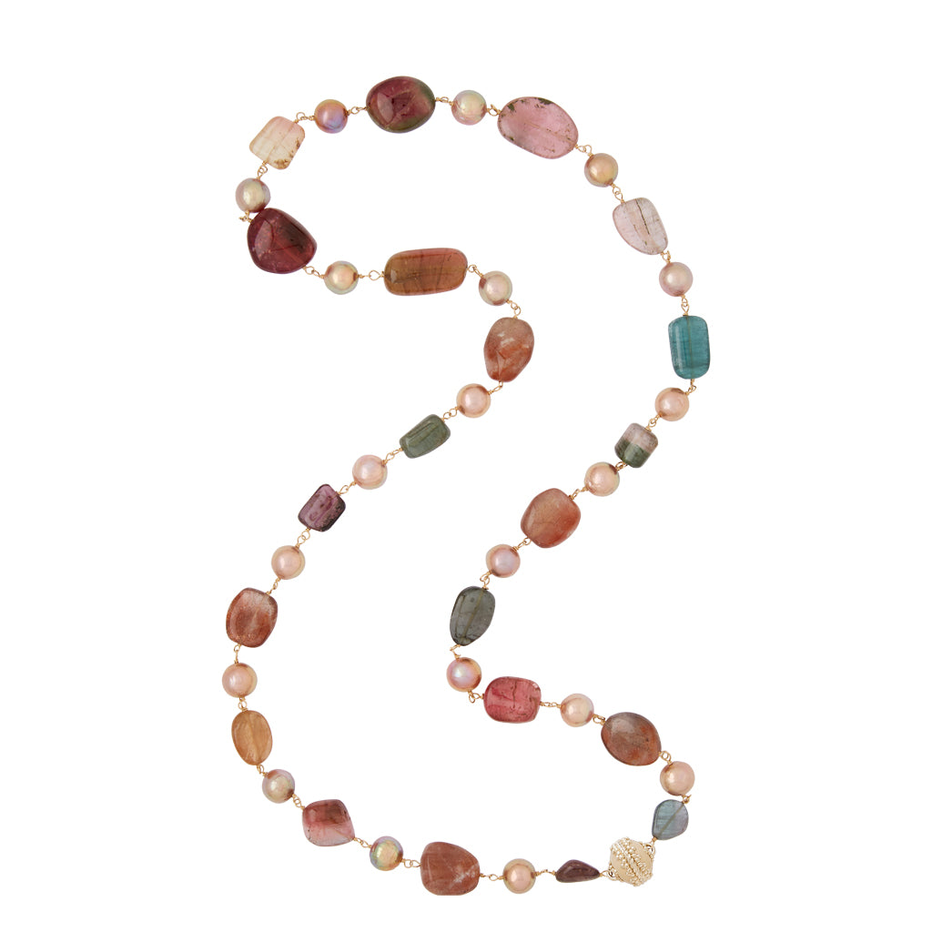 Caspian Tourmaline and Pink Pearl Necklace