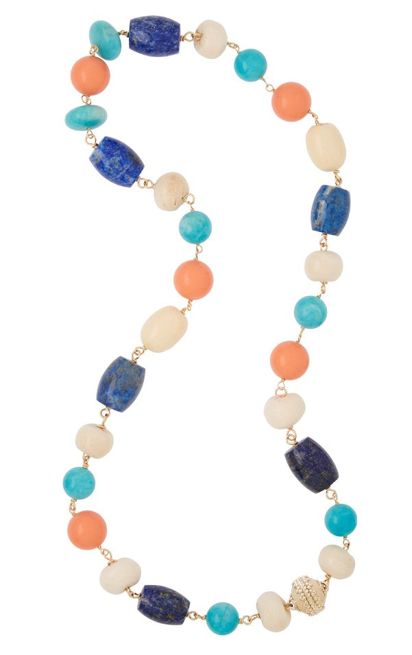 Caspian Lapis, Chrysoprase, and Coral Necklace