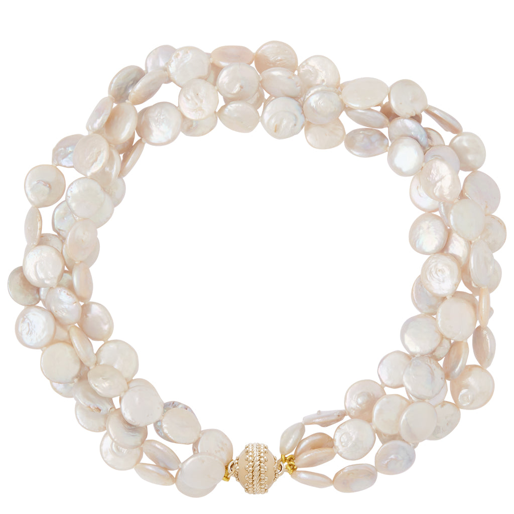 White Freshwater Coin Pearl 14mm Multi-Strand Necklace
