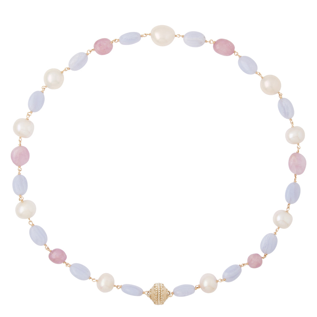 Caspian Blue Lace Agate, Kunzite, and Pearl Necklace