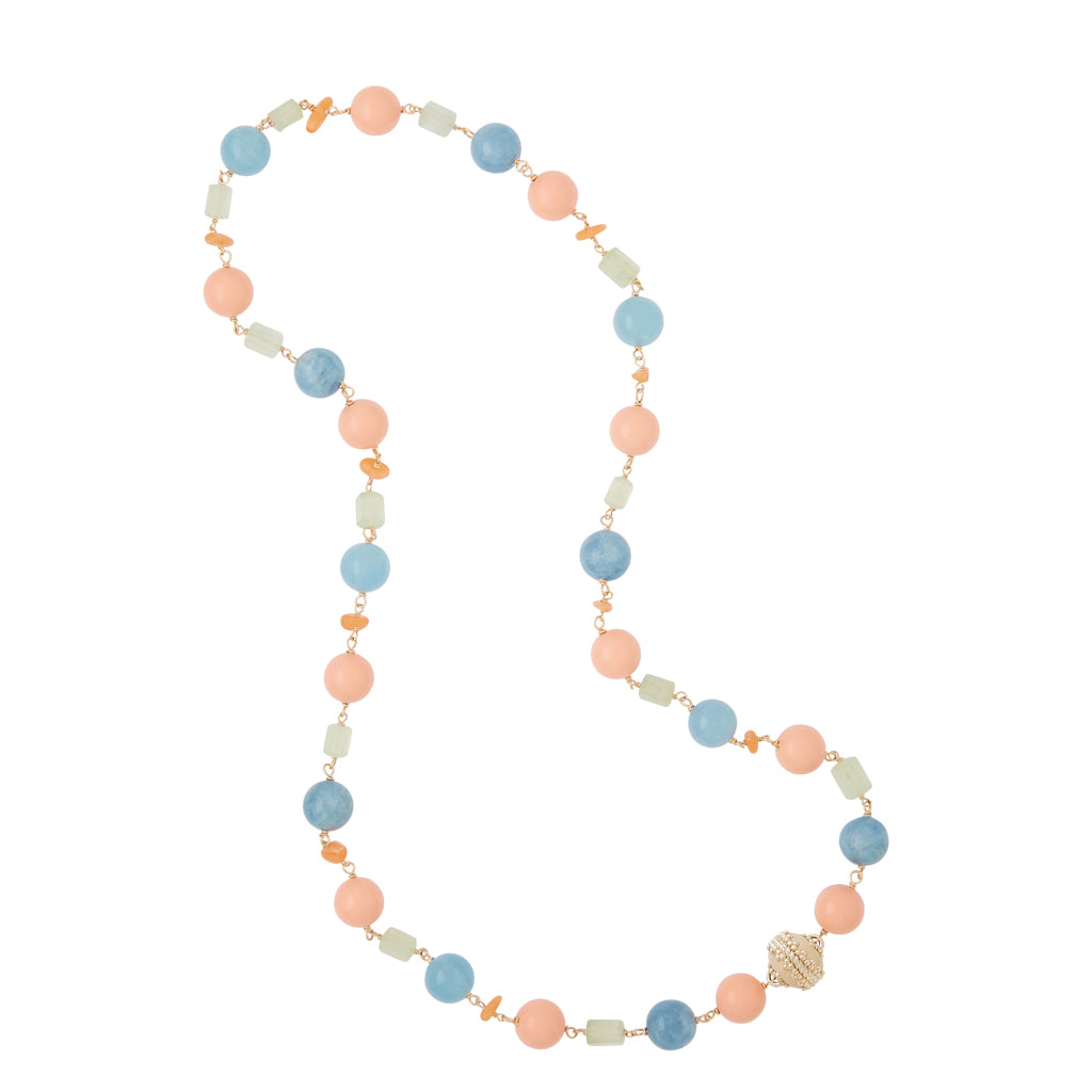 Caspian Reconstituted Pink Coral, Aquamarine, and Prehnite, Necklace