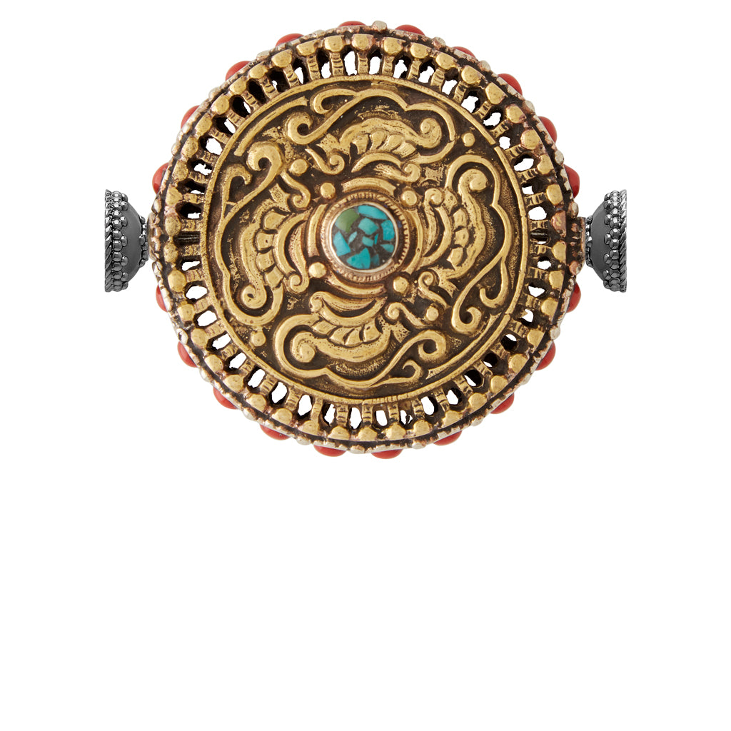 Tibetan Treasure Coral and Turquoise Medallion Gunmetal Centerpiece