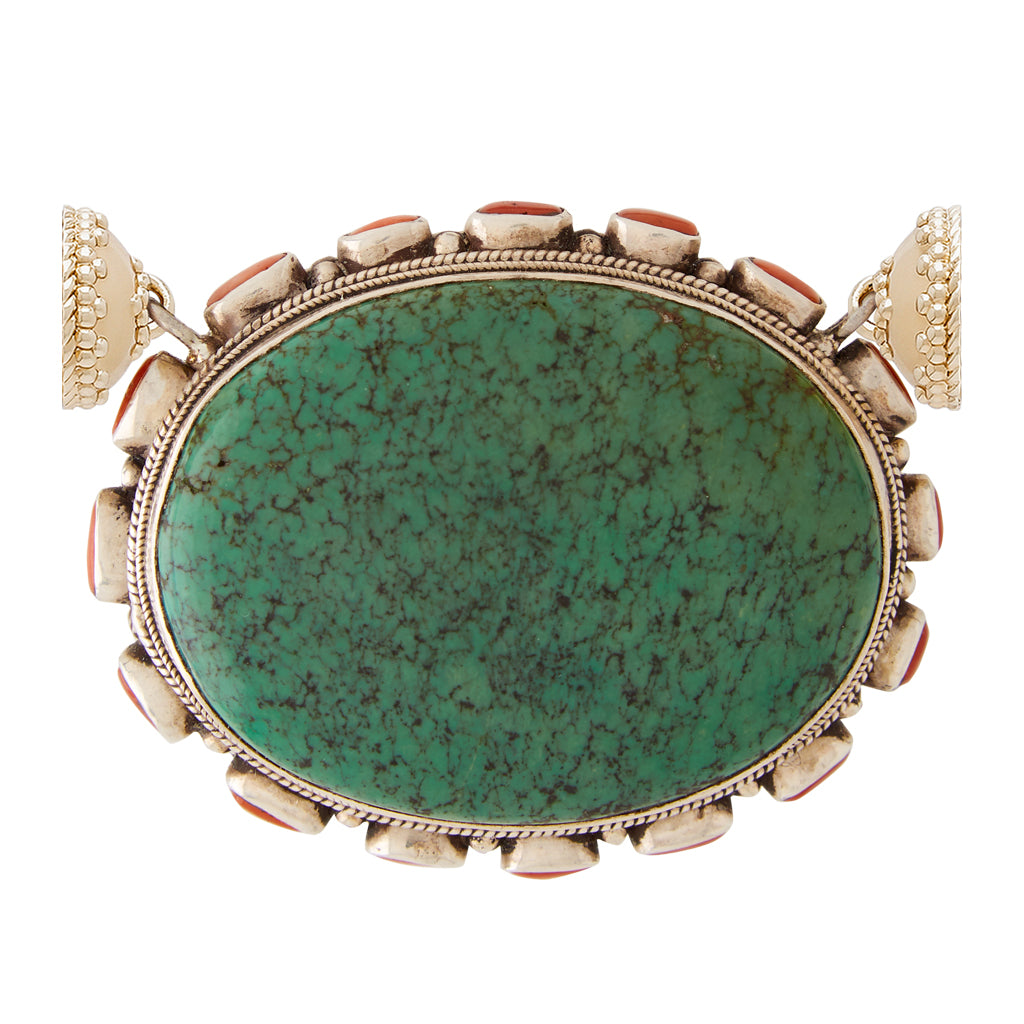 Tibetan Treasure Turquoise and Coral Cabochon Centerpiece