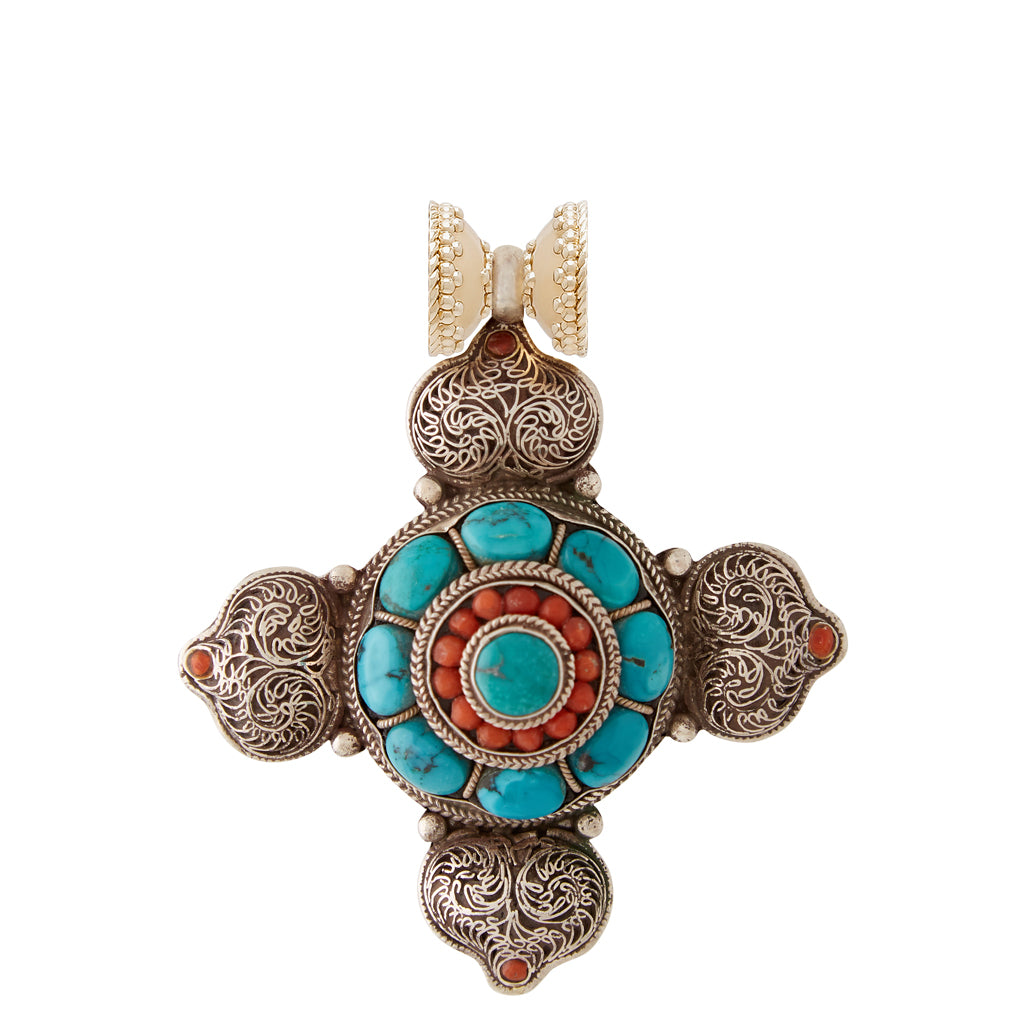 Tibetan Treasure Turquoise & Coral Filgree Cross Centerpiece
