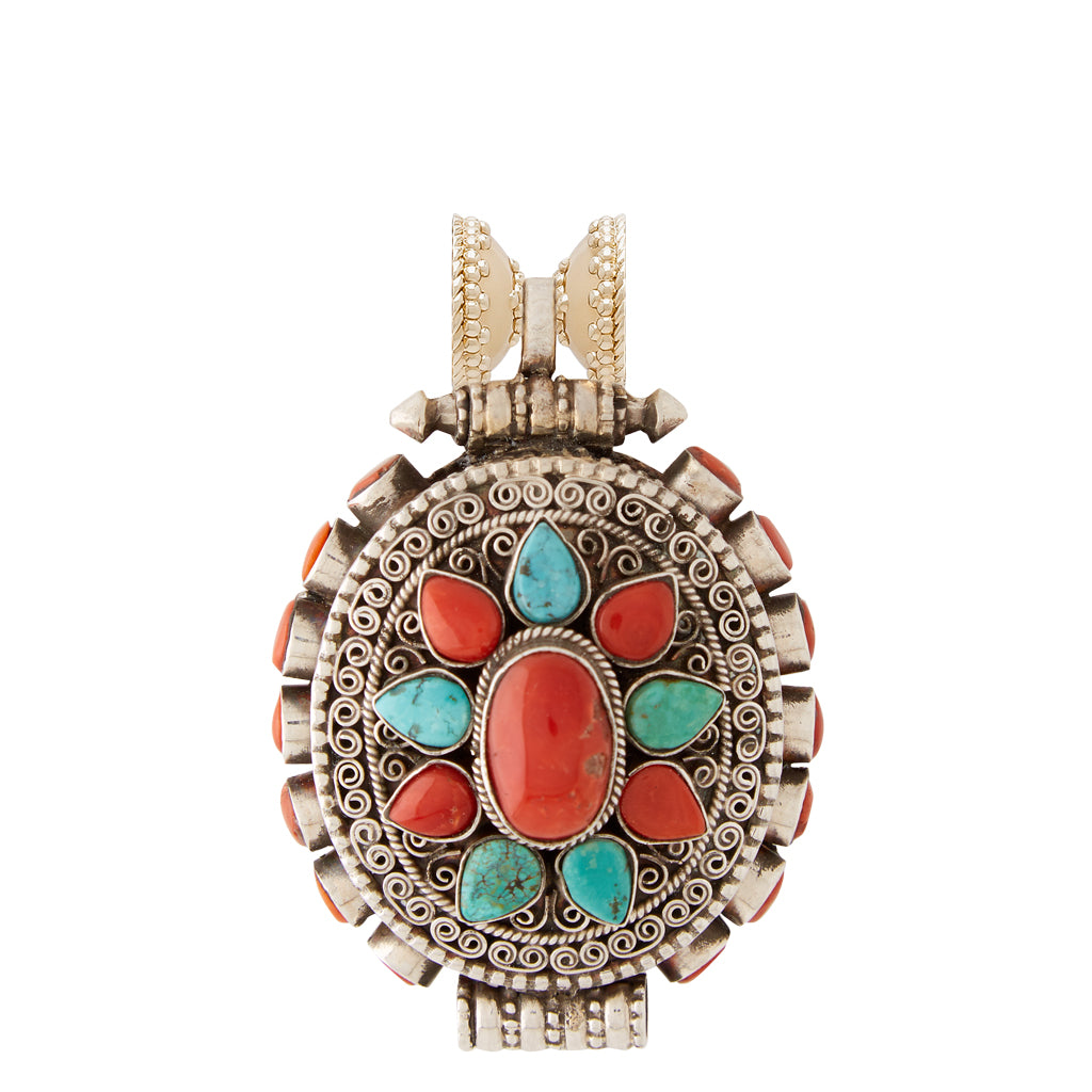 Tibetan Treasure Turquoise and Coral Oval Medallion Centerpiece