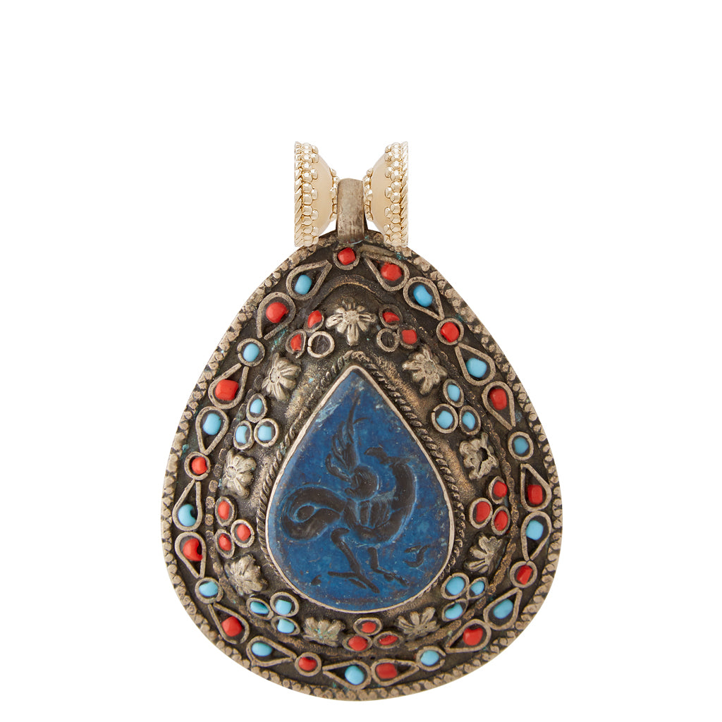 Tibetan Treasure Carved Lapis Teardrop Centerpiece