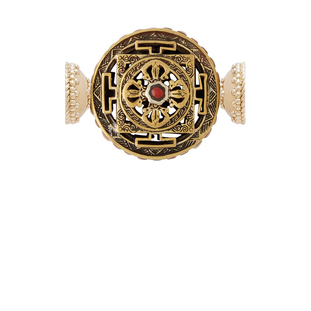 Tibetan Treasure Brass and Coral Medallion Centerpiece