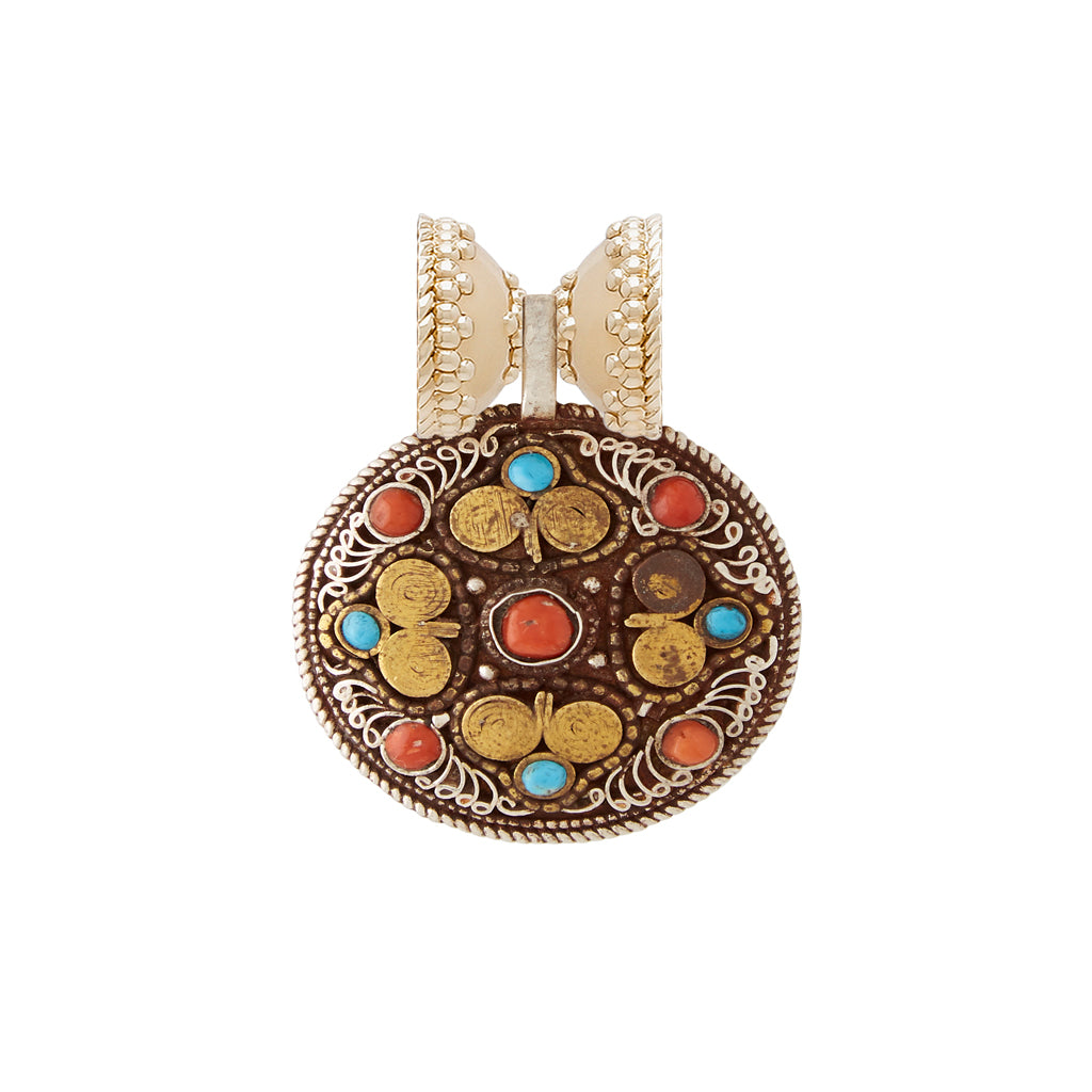 Tibetan Treasure Brass, Turquoise, and Coral Round Centerpiece