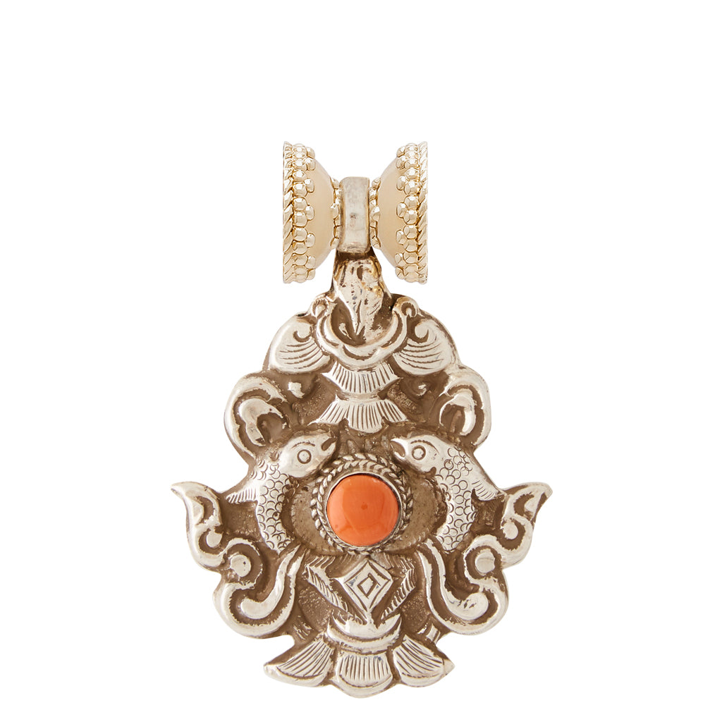 Tibetan Treasure Sterling Silver & Coral Pendant Centerpiece