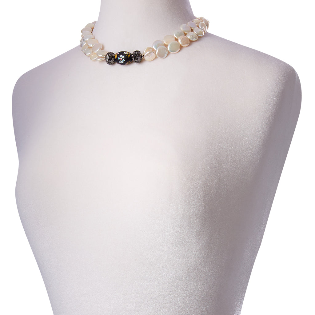 White Coin Pearl Double Strand Gunmetal Necklace