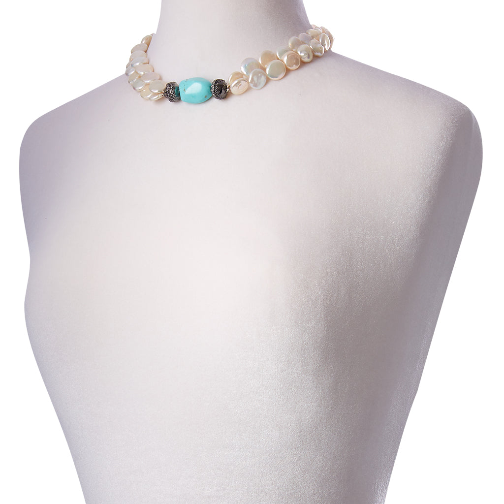 White Coin Pearl Double Strand Gunmetal Necklace