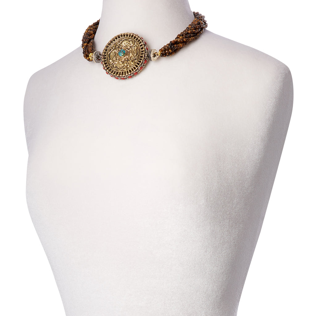 Tibetan Treasure Coral and Turquoise Medallion Gunmetal Centerpiece