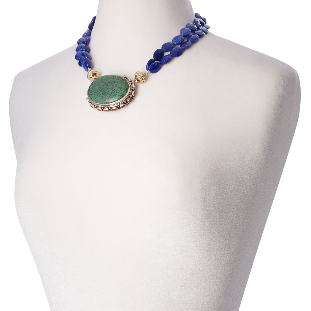 Tibetan Treasure Turquoise and Coral Cabochon Centerpiece